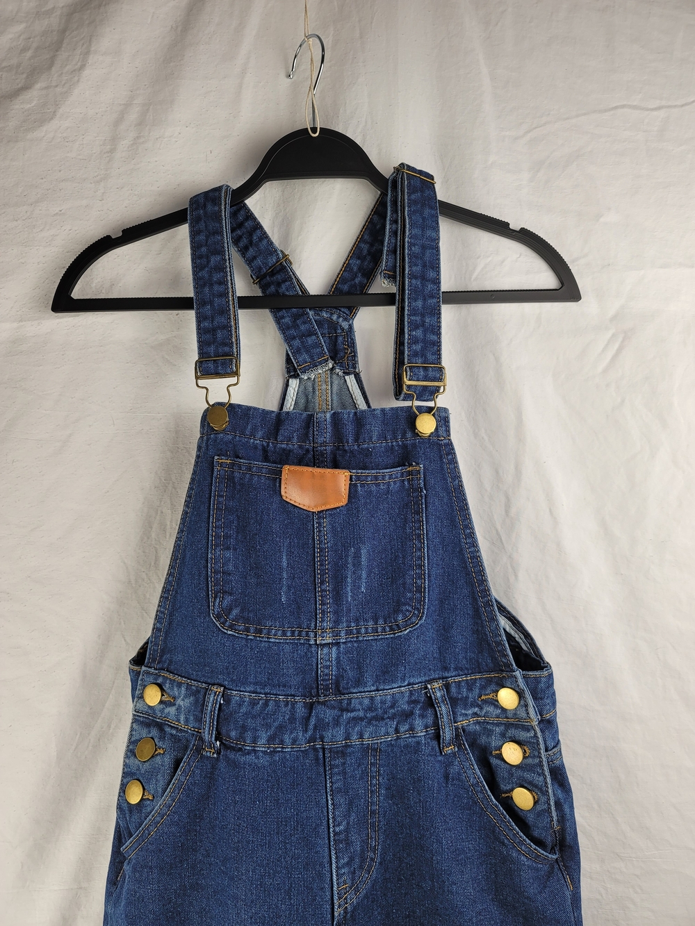 Dark Blue Distressed Women's Denim Overalls with Adjustable Straps - Picture 3 of 9